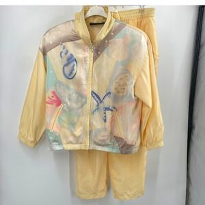 Vintage Mureli Silk Pastel Seashell Print Tracksuit Set Jacket Pants Women's PL